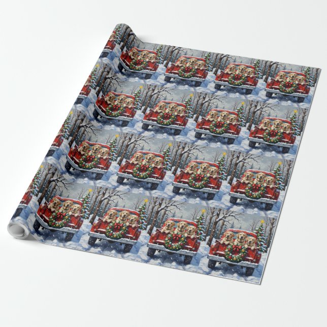 Labrador Retriever Christmas Red Truck Holiday Wrapping Paper (Unrolled)