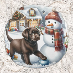 Labrador Retriever Christmas Snowman Puppy Dog Round Pillow