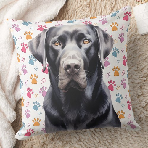Labrador Retriever Colorful Paw Prints Dog Lover Throw Pillow