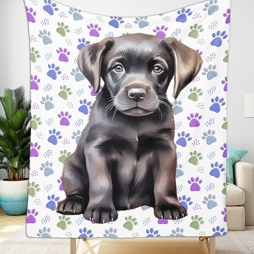 Labrador Retriever Colorful Paw Prints Puppy Dog Fleece Blanket
