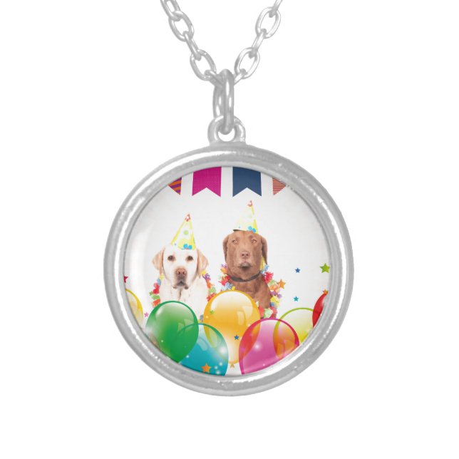 Labrador Retriever Dog Balloons Birthday Silver Plated Necklace (Front)