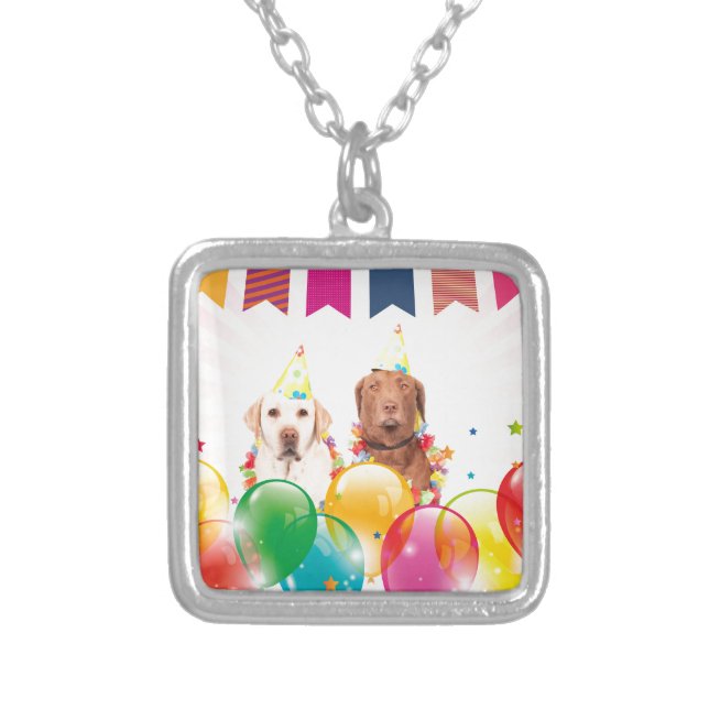 Labrador Retriever Dog Balloons Birthday Silver Plated Necklace (Front)