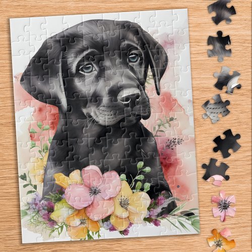 Labrador Retriever Dog Floral Black Lab Puppy Jigsaw Puzzle