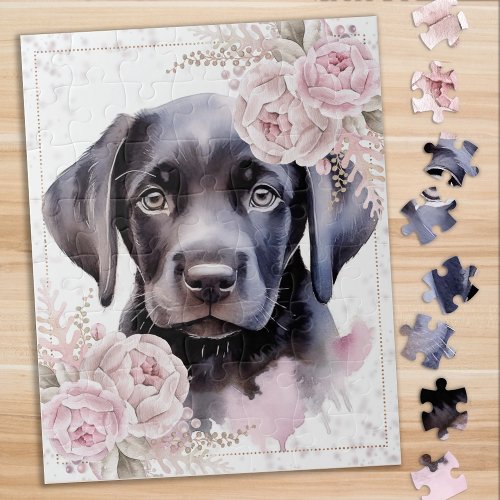 Labrador Retriever Dog Floral Puppy Black Lab Jigsaw Puzzle