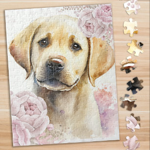 Labrador Retriever Dog Floral Yellow Lab Puppy Jigsaw Puzzle
