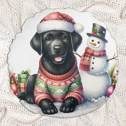 Labrador Retriever Dog Holiday Snowman Puppy Round Pillow