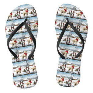 Labrador Retriever Dog in Snow Christmas Flip Flops