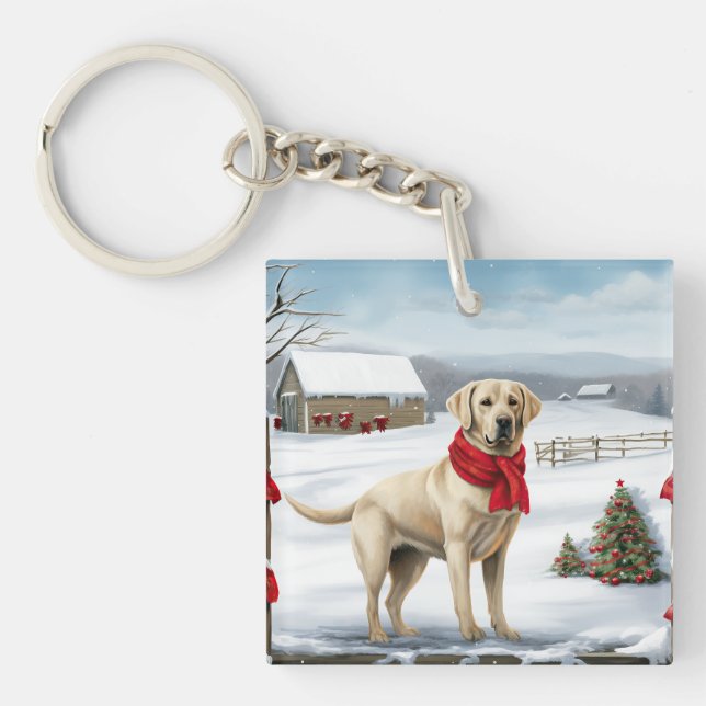 Labrador Retriever Dog in Snow Christmas Keychain (Front)