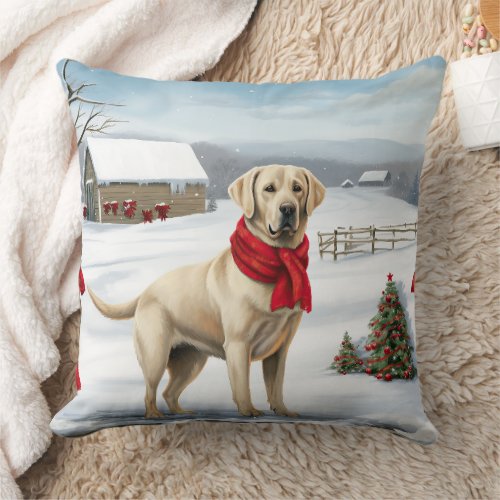 Labrador Retriever Dog in Snow Christmas Throw Pillow