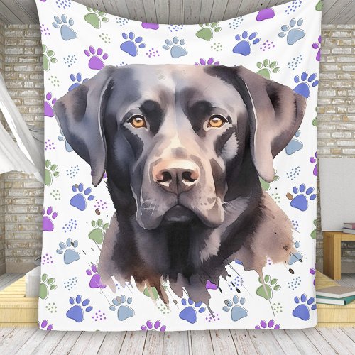 Labrador Retriever Dog Modern Colorful Paw Prints Fleece Blanket