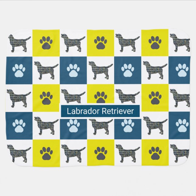 Labrador Retriever Dog & Paw Y&B Grid Baby Blanket (Horizontal)