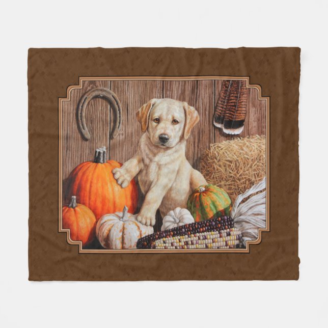 Labrador Retriever Dog & Pumpkins Brown Fleece Blanket (Front (Horizontal))