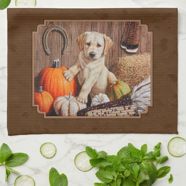 Labrador Retriever Dog & Pumpkins Brown Kitchen Towel (Folded)