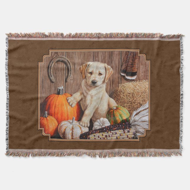 Labrador Retriever Dog & Pumpkins Brown Throw Blanket (Front)