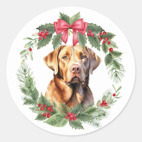 Labrador Retriever Dog Red Bow Holly Wreath Classic Round Sticker