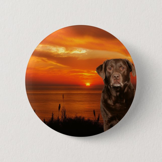 Labrador Retriever Dog Sitting beside Sunset Button (Front)