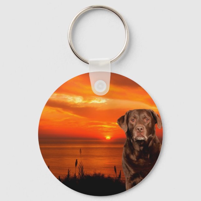 Labrador Retriever Dog Sitting beside Sunset Keychain (Front)