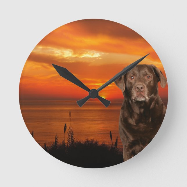 Labrador Retriever Dog Sitting beside Sunset Round Clock (Front)