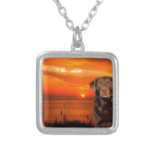 Labrador Retriever Dog Sitting beside Sunset Silver Plated Necklace