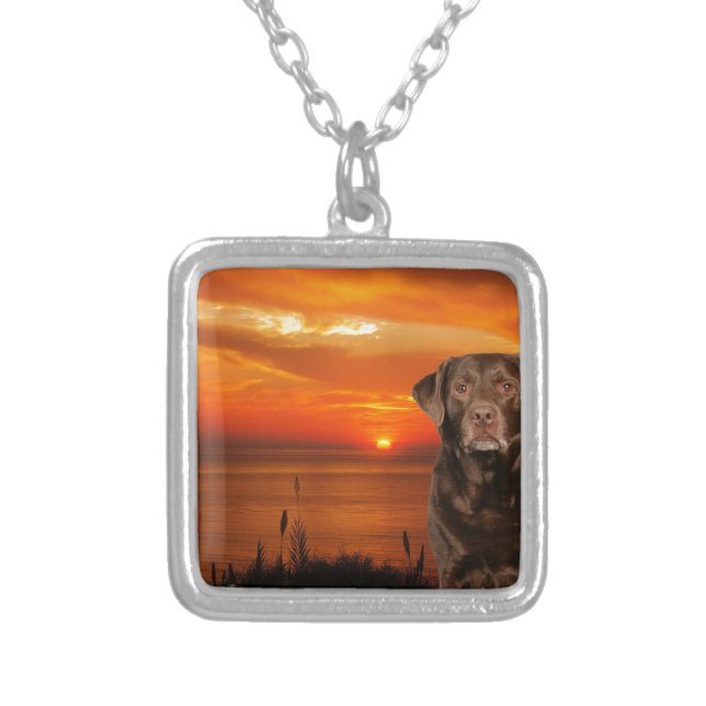 Labrador Retriever Dog Sitting beside Sunset Silver Plated Necklace (Front)