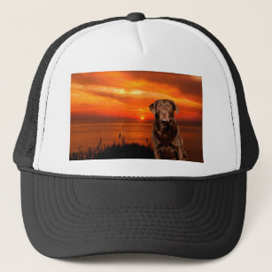 Labrador Retriever Dog Sitting beside Sunset Trucker Hat