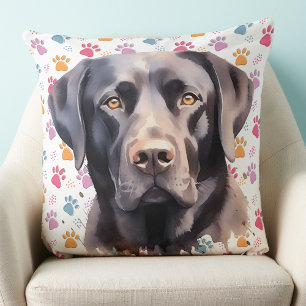 Labrador Retriever Dog Trendy Colorful Paw Prints Throw Pillow