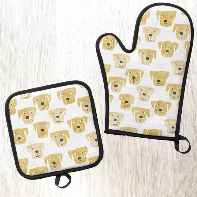Labrador Retriever Dog Watercolor Oven Mitt & Pot Holder Set (Golden yellow Labrador Retriever Dog pattern kitchen oven glove or mitt and pot holder)