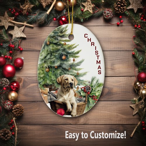 Labrador Retriever Dog Wicker Basket Christmas Ceramic Ornament