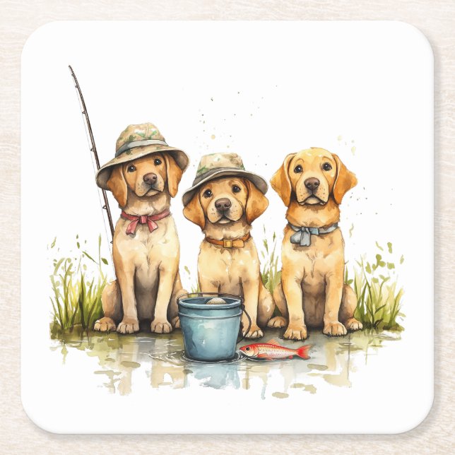 Labrador Retriever Dogs Fishing Square Paper Coaster (Front)