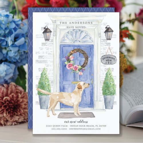 Labrador Retriever Front Door Moving Announcement - Announce your new address with our stylish announcement featuring a Labrador Retriever, blue front door, welcome mat, slate sign, topiaries and a floral wreath set on a gray brick background.