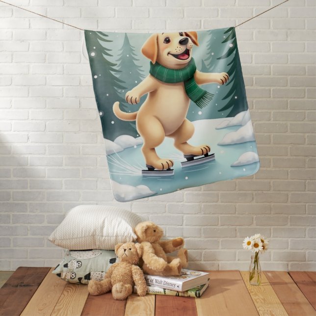 Labrador Retriever Ice Skating Christmas Painting Baby Blanket (In Situ)