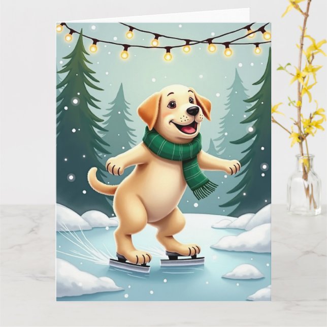 Labrador Retriever Ice Skating Christmas Painting Card (Yellow Flower)