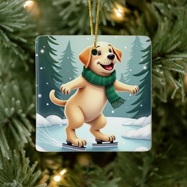 Labrador Retriever Ice Skating Christmas Painting Ceramic Ornament (Tree)