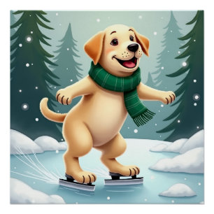 Labrador Retriever Ice Skating Christmas Painting Poster