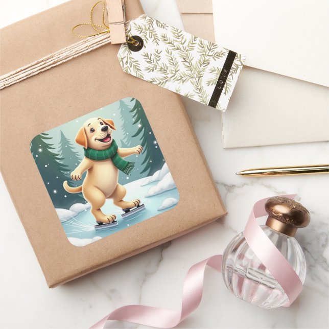 Labrador Retriever Ice Skating Christmas Painting Square Sticker (Gifting)