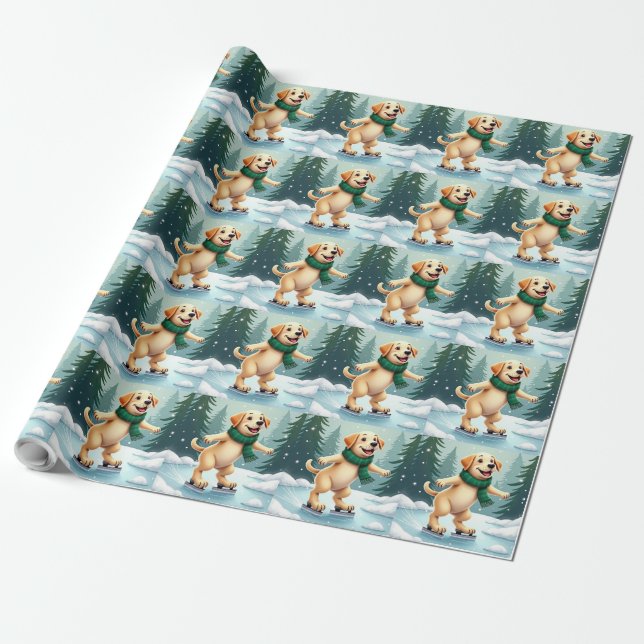 Labrador Retriever Ice Skating Christmas Painting Wrapping Paper (Unrolled)