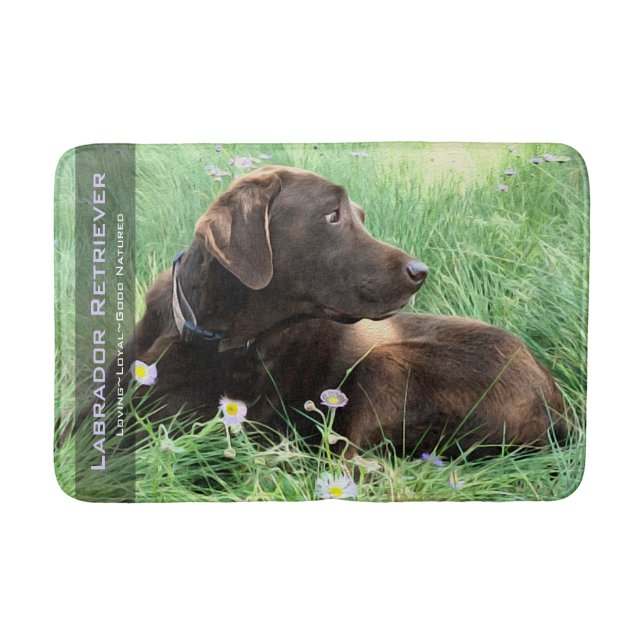 Labrador Retriever In Grass and Purple Flowers Bath Mat (Front)