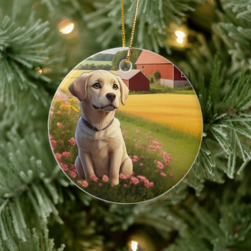 Labrador Retriever on Farm Ceramic Ornament