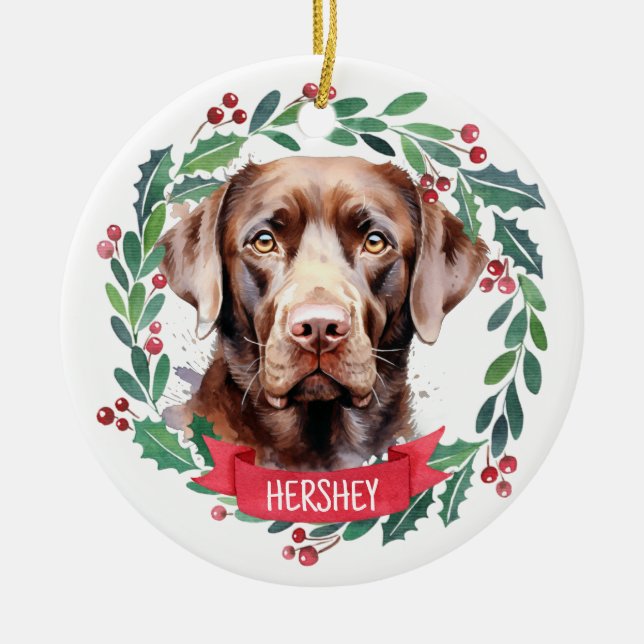 Labrador Retriever Personalized Holiday Wreath Dog Ceramic Ornament (Front)