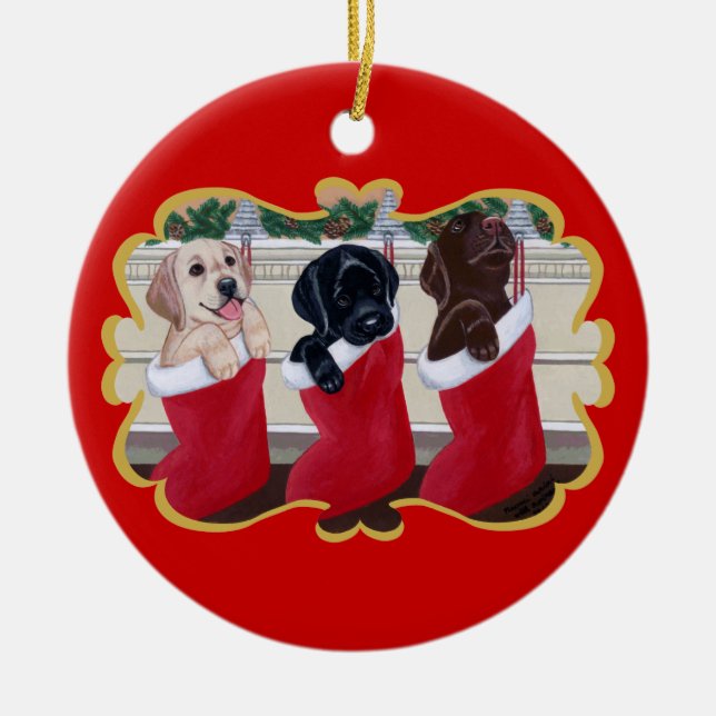 Labrador Retriever Puppies Christmas Ceramic Ornament (Front)