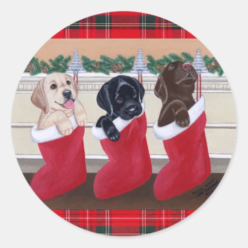 Labrador Retriever Puppies Christmas Painting Classic Round Sticker