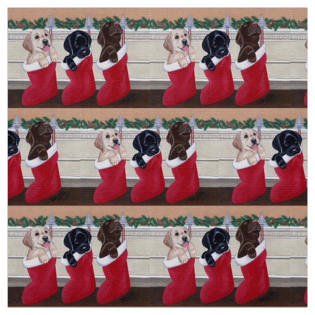 Labrador Retriever Puppies Christmas Painting Fabric (Swatch)