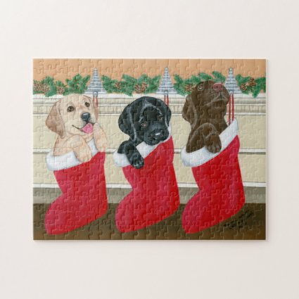 Labrador Retriever Puppies Christmas Painting Jigsaw Puzzle