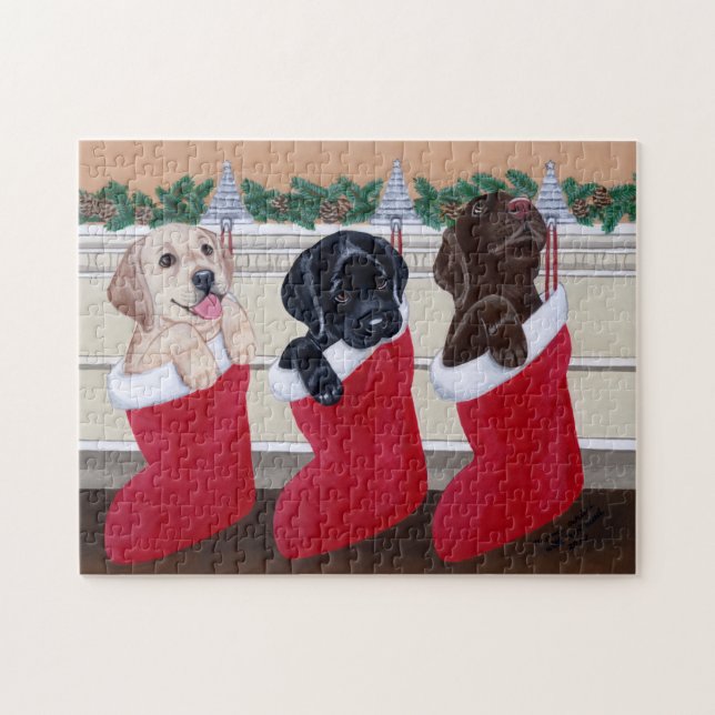 Labrador Retriever Puppies Christmas Painting Jigsaw Puzzle (Horizontal)