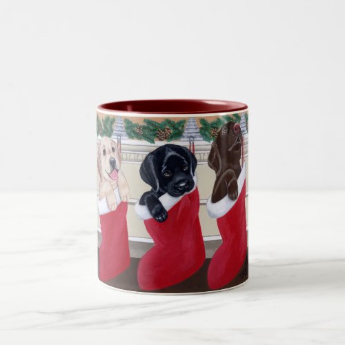Labrador Retriever Puppies Christmas Painting Two_Tone Coffee Mug