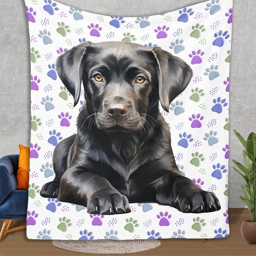 Labrador Retriever Puppy Colorful Paw Prints Dog Fleece Blanket