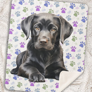Labrador Retriever Puppy Colorful Paw Prints Dog Sherpa Blanket