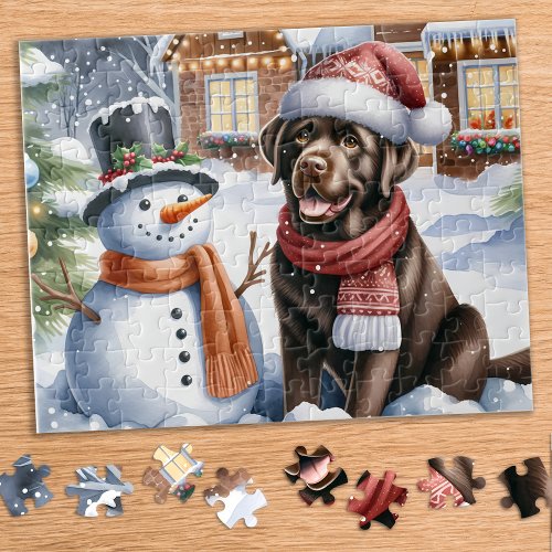 Labrador Retriever Puppy Dog Snowman Christmas Jigsaw Puzzle