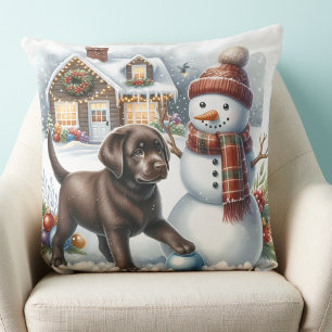 Labrador Retriever Puppy Dog Snowman Christmas Throw Pillow