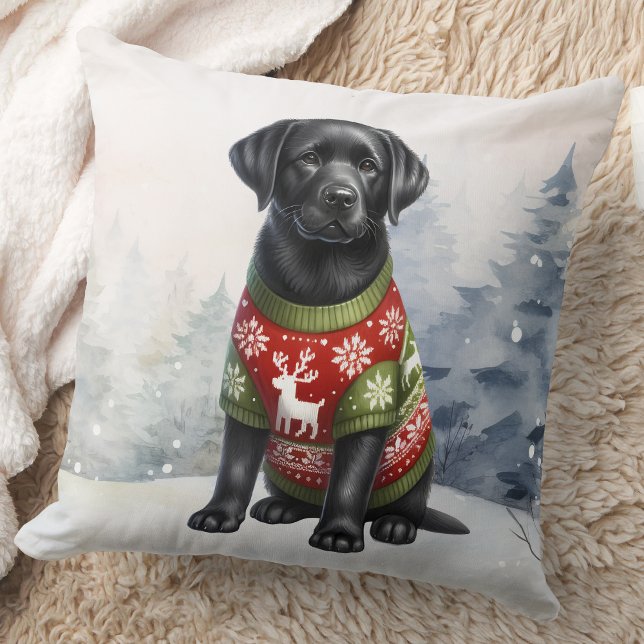 Labrador Retriever Puppy Holiday Sweater Dog  Throw Pillow (Creator Uploaded)